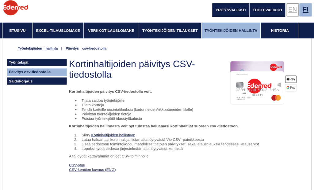 ticket.edenred.fi: päivitys csv-tiedostolla