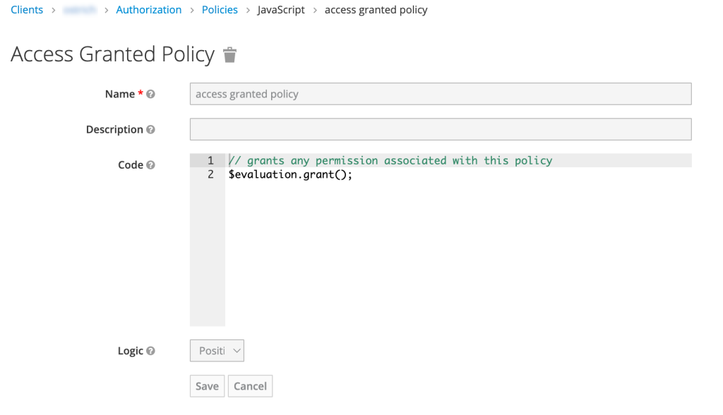 Keycloak authorization services policy in the Keycloak Admin Console